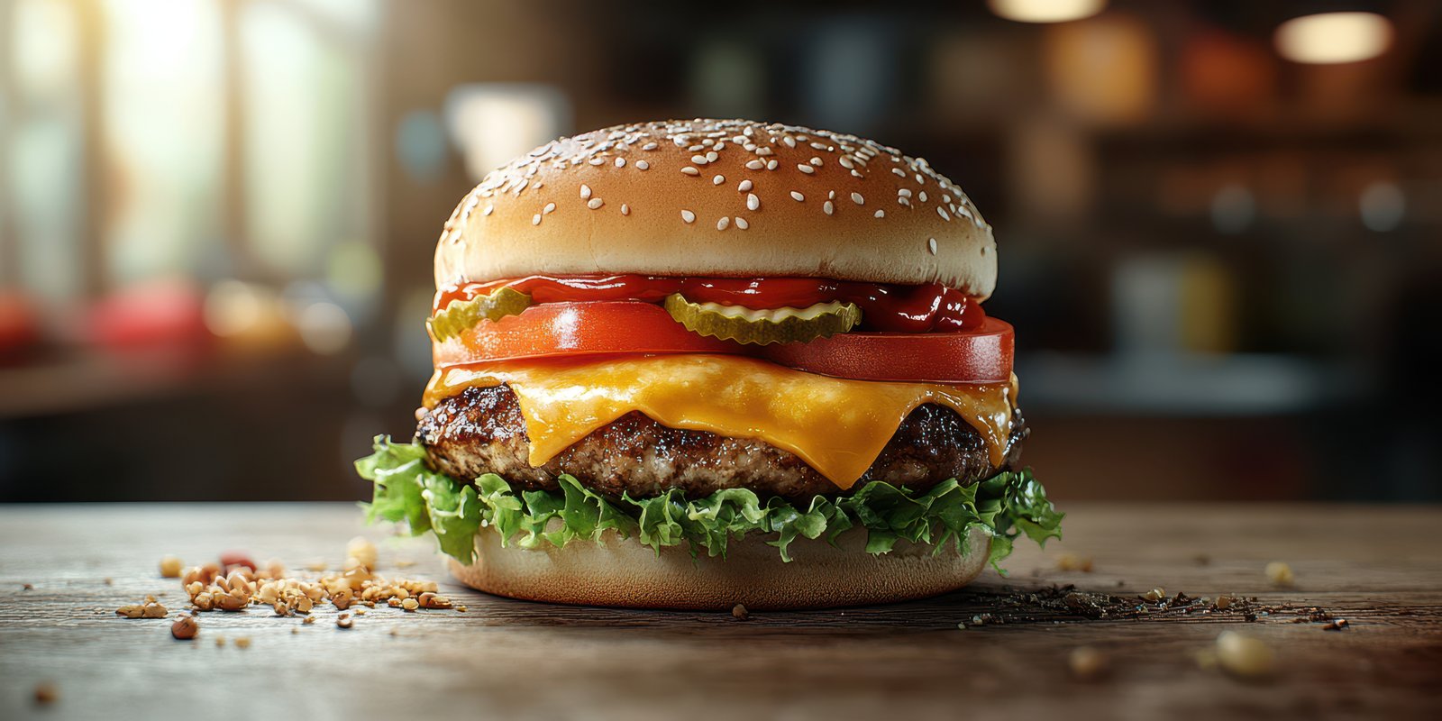Juicy cheeseburger served on a wooden table with fresh lettuce, tomatoes, and pickles in a cozy restaurant setting